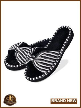 Womens Open Toe Slide Slippers Memory Foam Bow Terry Lined Spa Mules